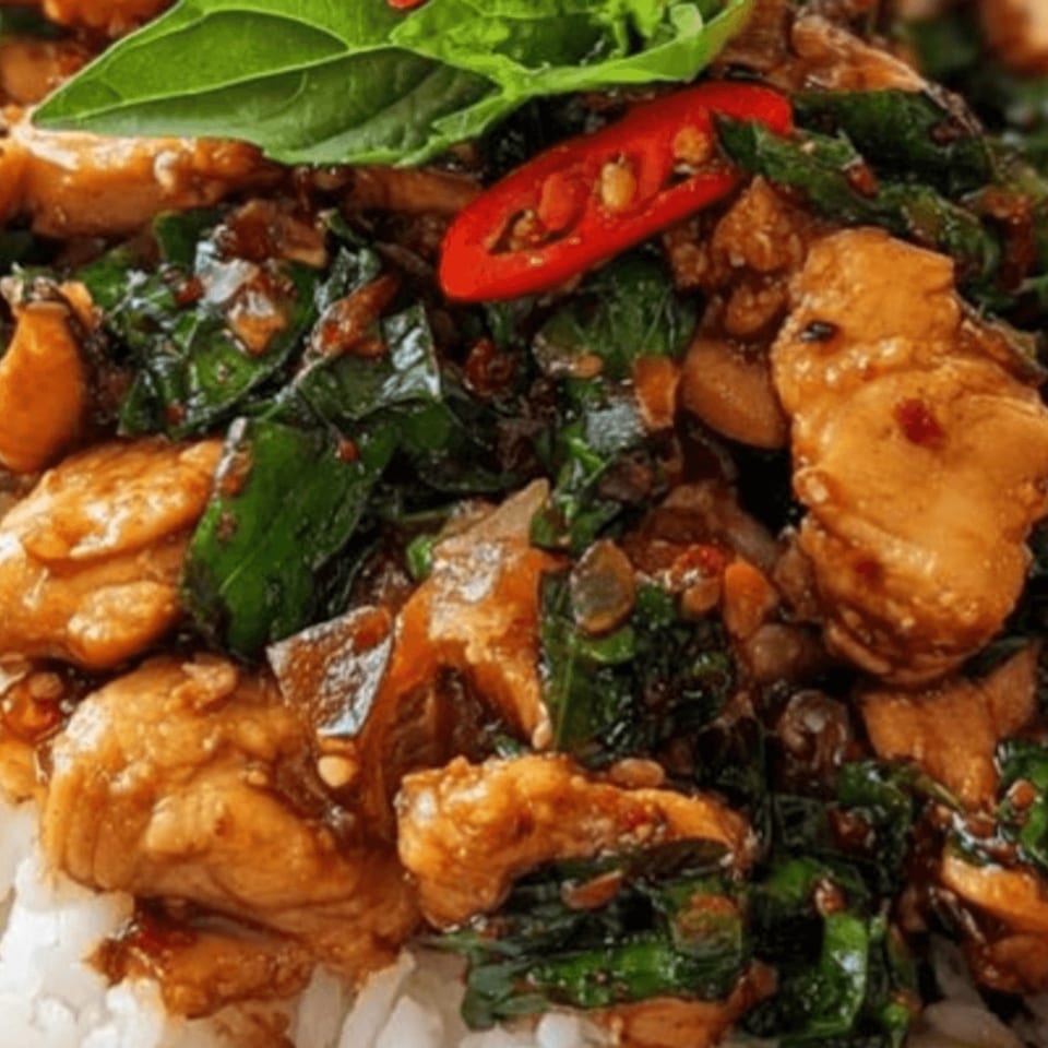 Close-up of Red Lotus Noodle House's Asian stir-fried chicken with basil, chili, and rice.