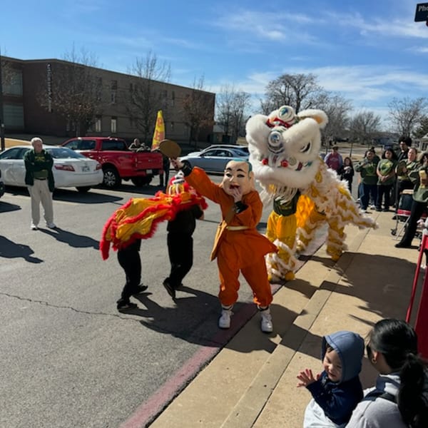 A lion dance performance with a large white lion and a person in an orange costume.